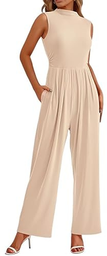Haibang Jumpsuit Damen Sommer Elegant Ärmellos Overall Lang Mock Neck Romper Lässig Einteiler Festlich Hochzeit Hosenanzug Weites Bein Hose Playsuit mit Taschen