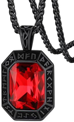 FaithHeart Collier Pendentif Viking Runes pour Hommes Noir Gothique Homme, Acier Inoxydable Rubis Pendentif chaîne Robuste 55+5cm