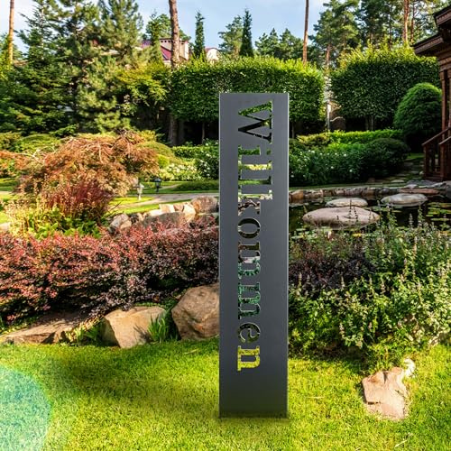 gardivo Gartendeko Willkommensschild für Außenbereich 115cm 3 Farben Verschiedene Muster in den Boden stecken Schild Metall Rost Anthrazit mehr (Anthrazit, Modern)