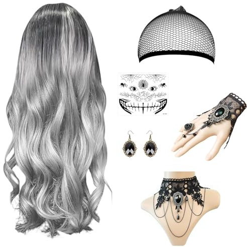 Halloween Perrücken, Deko, 6 Stück Kostüm Enthalten, Grau Perücke Haarnetz Gesichtsaufkleber Ohrringe Halskette Armband, für Party Make Up Accessoires Nur für Personen ab 15 JahrenGeeignet