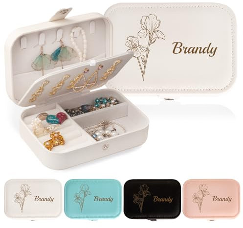 MJARTORIA Personalisiert Schmuckkästchen Klein Reise für Mädchen Damen, Schmuckschatulle Schmuckaufbewahrung mit Name Geburtstagsblume Initiale A bis Z für Ohrringe Kette Ringe Armband