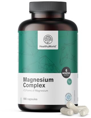 HealthyWorld® Complesso di magnesio - 180 Capsule Vegetali - 5 forme: Ossido, Citrato, Bisglicinato, Malato e Ascorbato - Supporto per Muscoli, Ossi e Sistema Nervoso - Scorta per 6 mesi