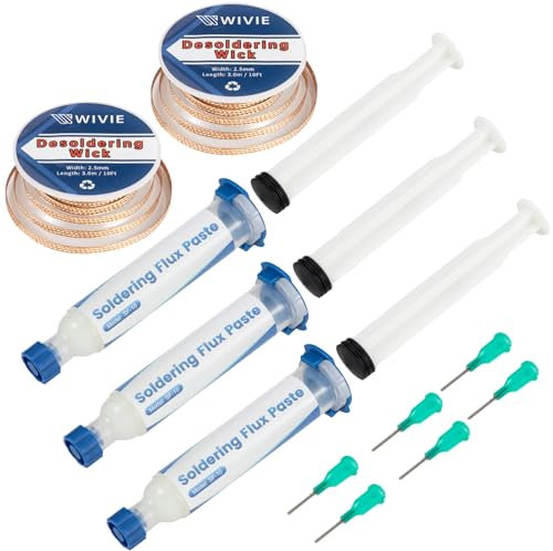 WIVIE Flux de pâte à souder sans plomb (3 paquets) et mèche à dessouder de 2,5 mm, fil à dessouder 3 m/10 m, fil à dessouder en cuivre pur pour enlever la soudure (2 pièce)