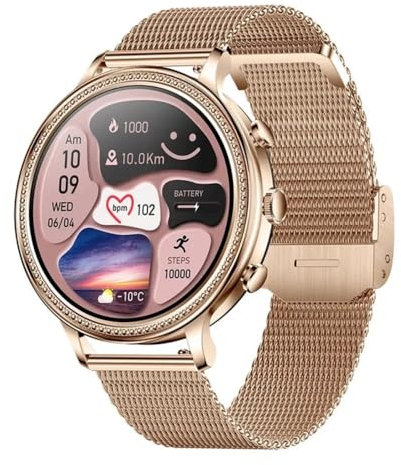 Ethelred Women Smart Watch V60 Luxury Fashion Wristwatch 1.39inch Bluetooth Calling Music Heart Rate Sports Fitness Tracker Smartwatch (Gold)
