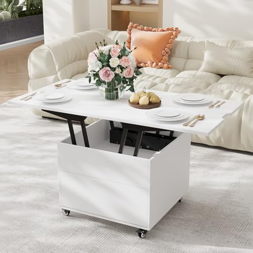 VOWNER Tavolino da Salotto Regolabile in Altezza, Tavolo da Salotto Multifunzionale 3 in 1, Tavolino da Salotto Convertibile in Tavolo da Pranzo da Salotto,120 x 60 x 68 cm (Bianco)