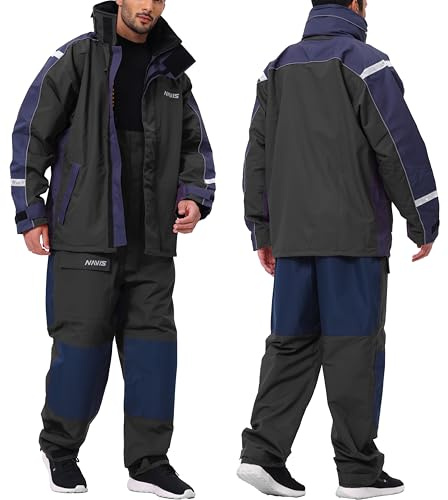 Navis Marine Men’s Sailing Jacket & Bib Trousers Set – Waterproof Offshore & Coastal Sailing Gear with Hi-Vis Hood, Breathable Foul Weather Yacht Racing Suit NS-147(BLACK,L)