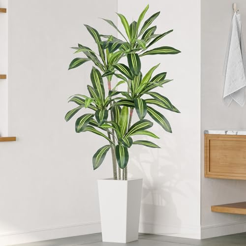 YOLEO 5.5FT Artificial Dracaena Tree with White Tall Pot Indoor | Lifelike Faux Silk Tree for Homes & Offices Decor 170cm