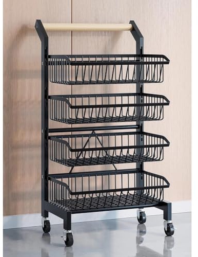 zktoermn Carrello Da Cucina Con Ruote, Portafrutta Regolabile Carrello Da Cucina Con Ruote E Maniglia In Legno Massello Cestini Per La Frutta Staccabili Mobile A 360°(nero,41x35x90cm)