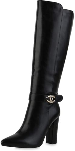 VAN HILL Damen Klassische Stiefel Blockabsatz Schnallen Klassisch Schuhe 217551 Schwarz 39