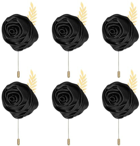 QUARKZMAN 6 Stück Blumen Broschen Schwarz, Bandrosen Seidenmaterial, Hochwertige Broschen für Kleidung, Lange Nadelform Ansteckblume