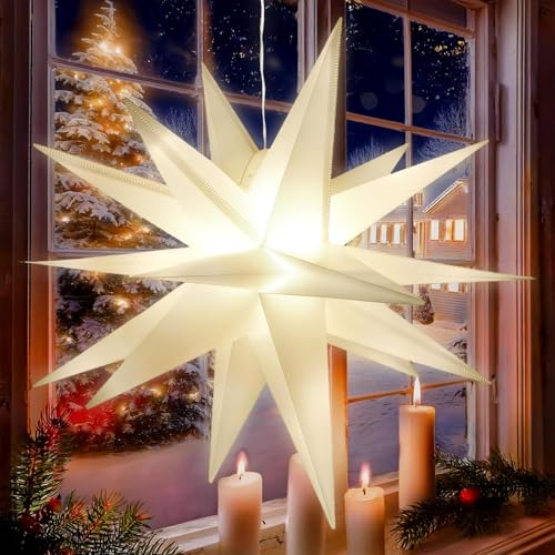 Dongcill LED Weihnachtsstern Aufhängbar, 40cm LED Weihnachtsstern,Leuchtsterne Weihnachten Fenster Dekoration für Außen und Innen,Weihnachtsbaum,Dekorieren von Innenhof,Balkon,Garten(Warmes Gelb)