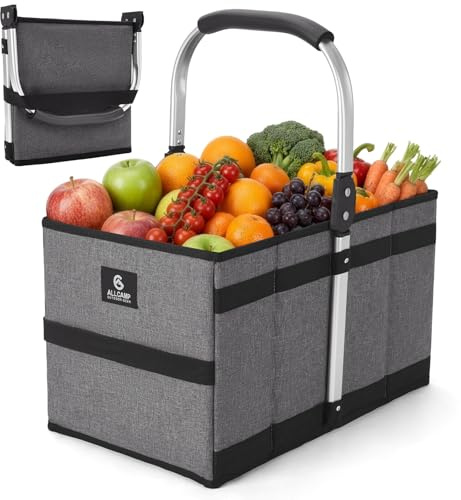 ALLCAMP Shoppingkorg i bagageutrymmet 25 cm L x 24 cm B x 7 cm H, stor, 27 l bärbar multifunktionskorg, kompakt med aluminiumhandtag sparar utrymme återanvändbar (grå)