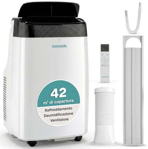 SereneLife Climatiseur Mobile Silencieux,9000 BTU,Climatiseur Portable 3-en-1 avec Fonction Déshumidificateur Intégré,Mode Ventilateur,Télécommande,Kit d'Évacuation Complet Montable sur Fenêtre,Blanc