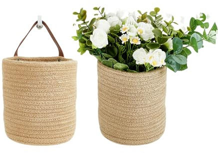 2pack Small Hanging Basket-Cotton Rope Wall Basket with Handle, Hanging Storage Baskets, Shelf Baskets Storage Bin Closet Organizer - 6.3 x 7, Woven Plant Basket (Jute)