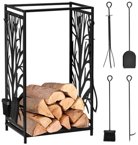 HOMCOM Potalegna per Camino in Acciaio e Antiruggine, Porta Legna per Interni ed Esterni con Design Elegante e 4 Attrezzi, 46x30x70 cm, Nero