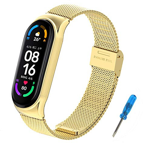 BDIG Kompatibel für Xiaomi Mi Band 5 Armband MiBand 6, Metall Ersatzarmband Wasserdicht Edelstahl Replacement Wrist Strap Zubehör Uhrenarmband für Xiaomi Mi Smart Band 6/5, Gold