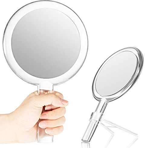 Queekay Double-Sided Handheld Mirror with Stand, 1X/10X Magnifying Mirror, Clear Adjustable, Round Shape, 25.8 x 15 cm
