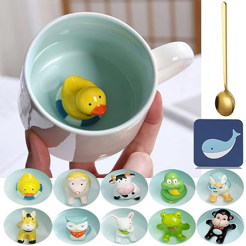 Arawat Ente Tasse Geschenk Lustige Kaffeetasse 3d Tier Tasse Keramik 350 ml Teetasse mit Löffel & Untersetzer Kaffeebecher Süße Tee Kaffee Becher Geburtstagsgeschenk für Freund Jungen Frauen Männer