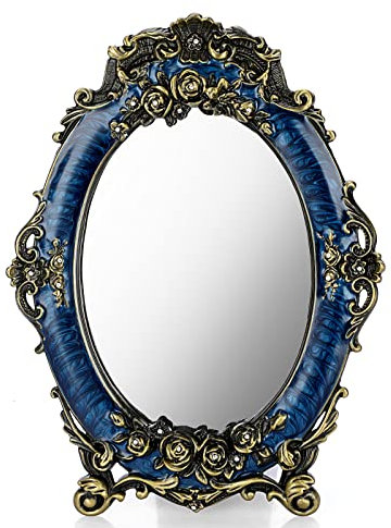 JUXYES Espejo de mesa pequeño de metal vintage con soporte, espejo de escritorio con rosas antiguas en relieve, espejo de maquillaje retro ovalado cosmético decorativo para centros de mesa