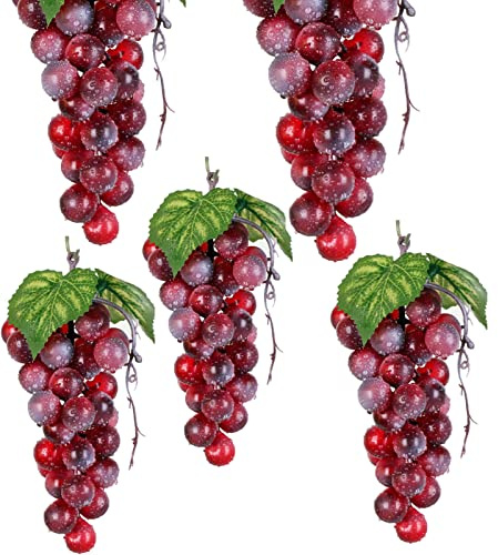Bairdish 5pcs Red Simulation Grapes Bunches Lifelike Artificial Grapes Fake Grape Bundle for Vines Decoration Wine Kitchen Garland Decor Faux Fruit Props(36grains 7 Inches Long)
