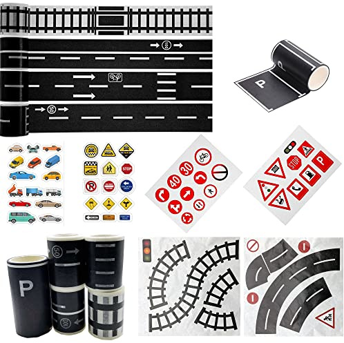 Cayway 11 PCS Ruban de Voiture de Route, Ruban Autocollant Decoratif Autoroute Rouleau Bande Adhesive et Autocollants de Panneau de Signalisation pour Enfants DIY