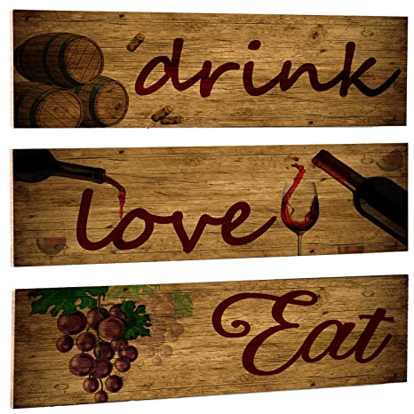 Lot de 3 plaques murales en bois avec inscription « Love », Eat, Drink », décoration murale rétro pour salle à manger, cave à vin, œuvre d'art (bois)