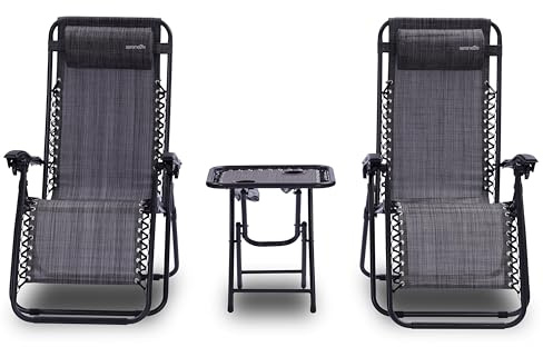SereneLife Liegestuhl, Gartenliege Klappbar, Relaxliege, Sonnenstuhl als Gartenbett, Gartenmöbel zum Relaxen 2 Stück Grau, Loungesessel Verstellbar mit Seitentisch, Kopfkissen & Getränkehalter, Grau