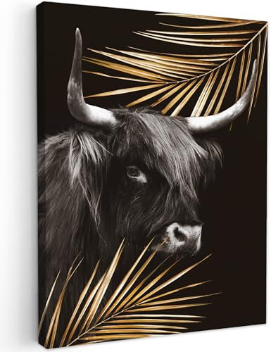 MuchoWow Leinwand Bilder, Einzigartige Wanddeko mit Rahmen, Schottischer Highlander - Gold - Farn, Wandbilder Wohnzimmer, Deko Schlafzimmer 90x120 cm
