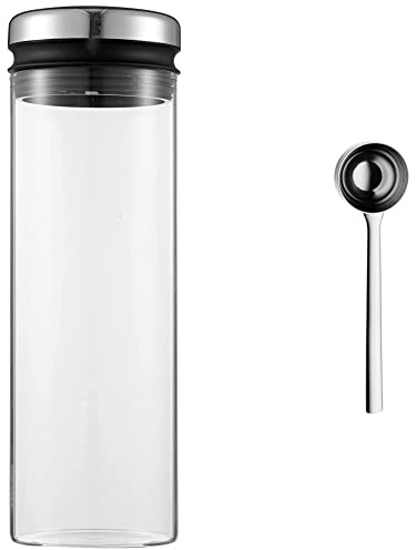 WMF Depot Vorratsdose Glas 1,5l, Höhe 28,5 cm, Vorratsglas mit Deckel & Kaffeemaßlöffel 7-teilig Nuova Messlöffel Dosierlöffel Cromargan Edelstahl rostfrei poliert