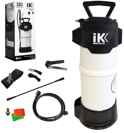 IK MULTI Pro 12+ Spruzzatore Alta Resistenza Con Connettore di Aria Compressa - Compatibile con Chimici Aggressivi - Pulizia, Costruzione e Disinfezione - Tubo Rinforzato - Serbatoio Traslucido