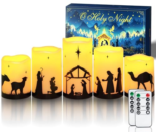 Homemory Flameless Christmas Nativity Scene Candles, Battery Operated LED Pillar Religion Candles, Nativity Sets Indoor Outdoor Decor for Xmas Holiday Home Decor, Remote Timer, Christmas Decor, 5 Pack