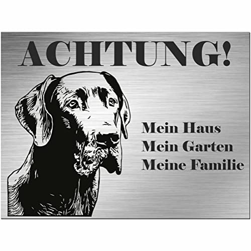 Indigos UG - Schild Deutsche Dogge - bedruckt - Achtung Mein Haus, mein Garten meine Familie - Aluverbundplatte Edelstahl Look - 30x20 cm - Spruch - Deko Geschenkidee - Hund - Zaun - Türschild