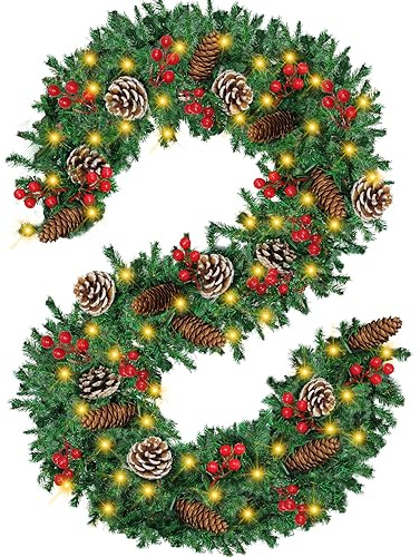 JOOCCO Christmas Garland with 100 LED Lights, 3.8M/12FT Prelit Artificial Christmas Garland Decorations with Pine Cones Red Berry for Indoor Home Stairs Mantle Fireplace Decor