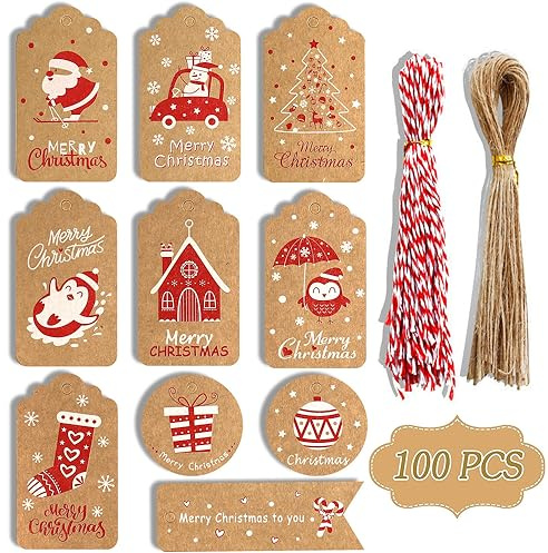100 Stück Weihnachtsgeschenkanhänger,Geschenkanhänger Weihnachten Kraftpapier,Weihnachten Anhänger Geschenk (A)