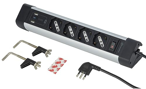 Electraline 61918 Multipresa Scrivania 4 Posti Polivalenti, Schuko + 10/16 A, con 3 USB (2 USB A 3.0A + 1 USB C 20W Power Delivery), Cavo H05VV-F 3G.1 lunghezza 2M, protezione contro sovratensioni