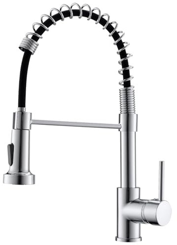 TIMACO Robinet de cuisine chromé avec ressort spiralé, robinet d'évier pivotant à 360° avec deux becs et haute pression, BO9009C