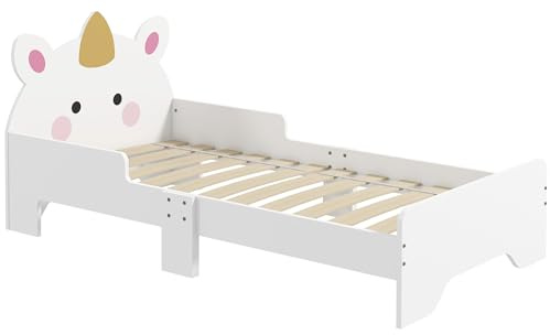ZONEKIZ Lit Enfant, Design Licorne, 3 à 6 Ans, sommier à Lattes Inclus, 143 x 74 x 67 cm, lit pour Enfant, barrières latérales, Charge Max. 80 kg, Rose