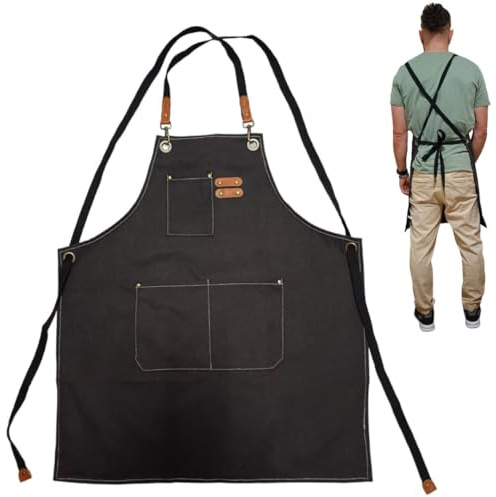 LELE MAKE. Delantales de Lona para Hombres y Mujeres | Delantal Hostelería con Bolsillos Talla Única. ¡Ideal para Barbacoa, Hostelería, Jardín, Pintura, etc! (negro)