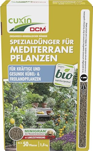 CUXIN DCM Spezialdünger für Mediterrane Pflanzen - Spezialdünger - Mit MINIGRAN® TECHNOLOGY - Für Kübel- & Freilandpflanzen - Bio - organisch-mineralischer NPK-Dünger - 1,5 kg