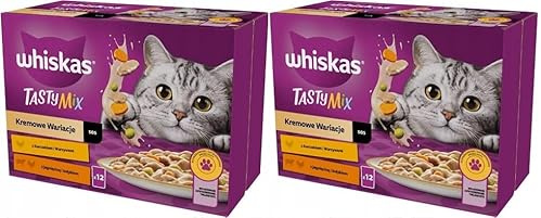 WHISKAS Adult 1+ Katzennassfutter Tasty Mix Cremige Variationen 24 Portionsbeutel à 85g (2-er Pack) mit Huhn, Lamm und Pute in Sauce