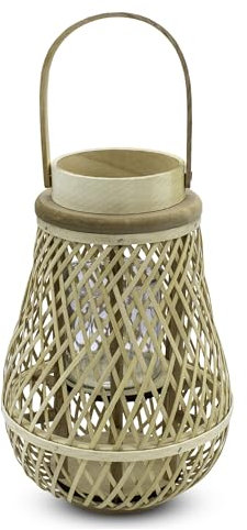Bambus Laterne mit Kerzenglas - 46 x 23 cm - Holz Windlicht mit Bügel zum Hängen - Deko Kerzenhalter Leuchte zum Hängen für Innen Garten Balkon