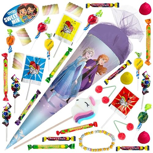 OYOY 35cm Schultüte gefüllt mit Süßigkeiten Mix I ROTH Schultüte Anna und Elsa I kleine Schultüte gefüllt I Geschwister Schultüte I Einschulung Geschenk