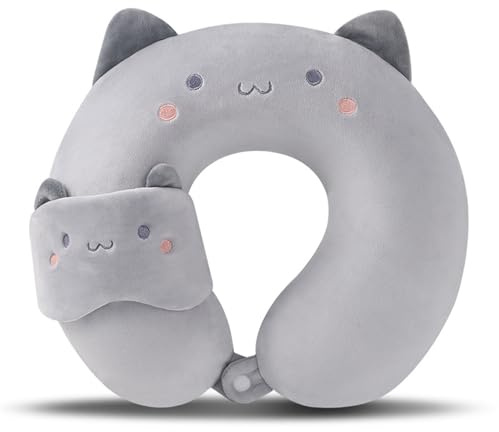 Nackenkissen Kinder mit Augenmaske, Memory Foam Reisekissen mit Augenabdeckung, Cartoon Tier U-Geformte Nackenstützkissen Niedlich Nackenstütze Nackenhörnchen Erwachsene für Auto Zug (Katze)