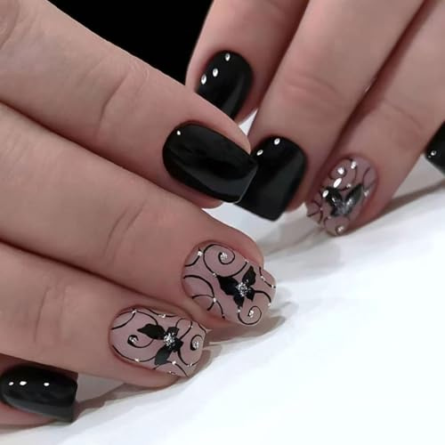 Clataly 24Pcs Schwarze Rebe Falsche Nägel Dunkle Schmetterling Design Gefälschte Nägel Strass Presse Auf Nägel Für Frauen (A, 24)