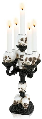 Kerzenständer Schwarz Gothic Deko, Halloween Statue Totenkopf Deko Kerzenständer Stabkerzen mit 5-Arme, Totenkopf Lampe Harz Ornamente, Vintage Tisch Deko für Startseite Wohnzimmer (5-Arme)