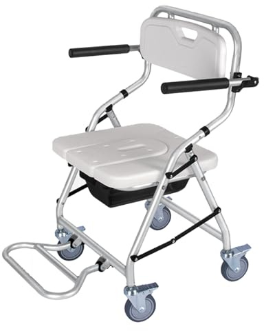 Toilettenstuhl Faltbar für Senioren, Multifunktionaler Duschstuhl Mit Rollen, Toilettenstuhl Klappbar Mit Urineimer, Tragfähigkeit 150kg (64x55x88cm, White)