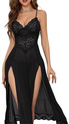 Bunanphy Women Sexy Babydoll Lace Lingerie Nightgown Long Dress Nightwear Sleepwear with Thong G-String #B Black X-Large
