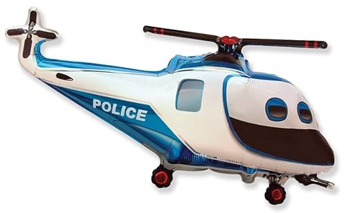 Flexmetal Globo de aluminio de helicóptero de policía, 39 pulgadas, azul y blanco, adecuado para decoración de fiesta de cumpleaños de aire o helio