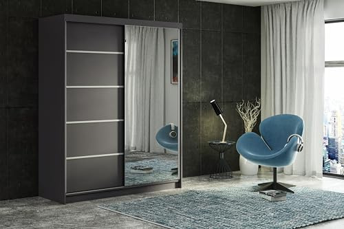 ELUKS CARLI Modern Sliding Door Wardrobe with Mirror, 2 or 3 Doors, 4 colours: WHITE/BLACK/OAK/GREY 5 sizes: 100cm/120cm/150cm/180cm/200cm (Grey, 100cm 2 Drawers)