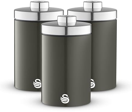 Swan Townhouse Set of 3 Storage Canisters, Stainless Steel, Airtight Lids, Colour Coated Iron and Chrome Accents, 1.6L, Graphite Grey